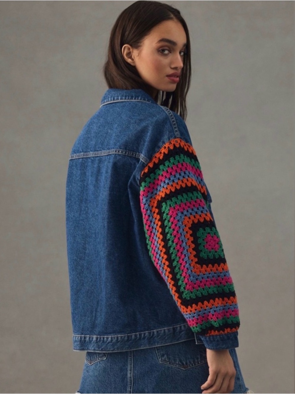 FARM Rio Blue Denim Jacket with Multicolor Crochet Sleeve